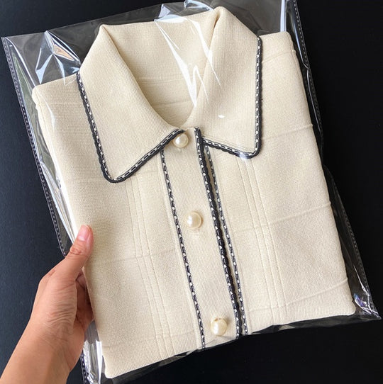 Exquisite Pearl Button Check Lace Knitted Cardigan Jacket Women