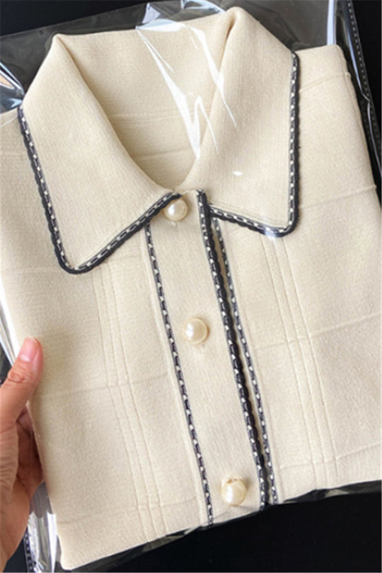 Exquisite Pearl Button Check Lace Knitted Cardigan Jacket Women
