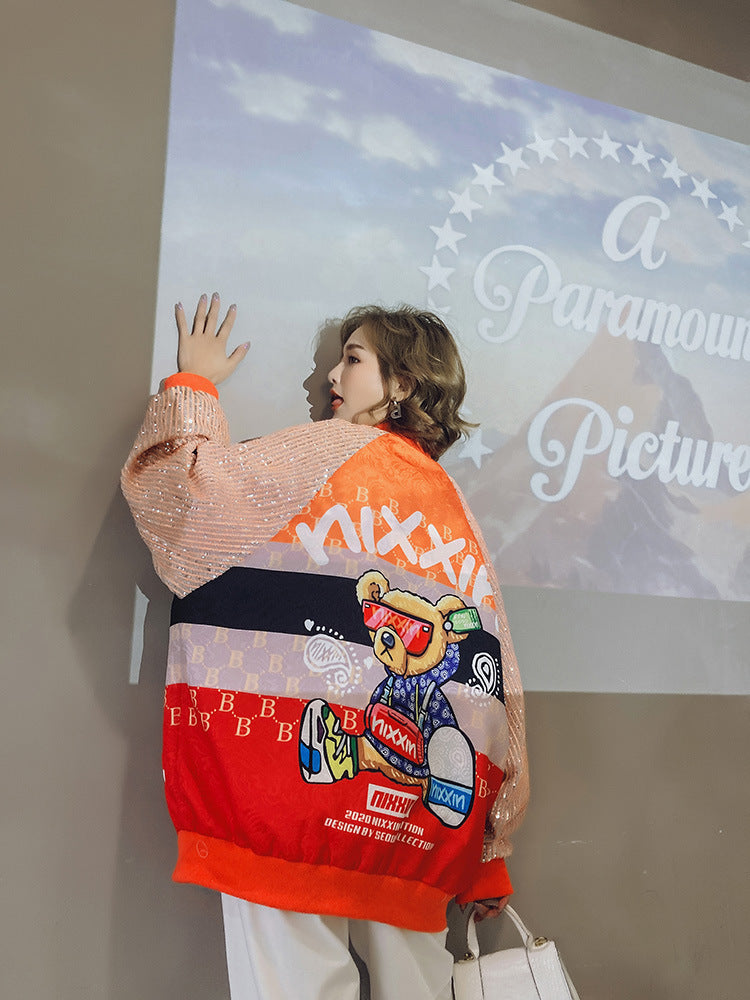 Sequins Printed Baseball Uniform Women Spring New Loose Jacket