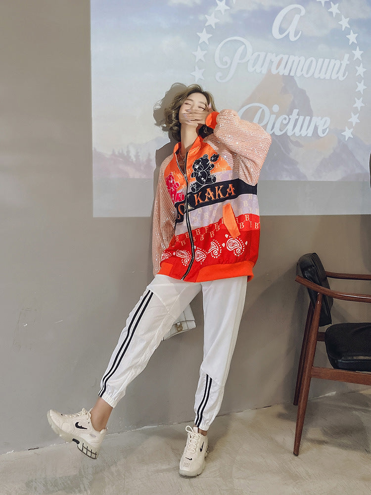 Sequins Printed Baseball Uniform Women Spring New Loose Jacket
