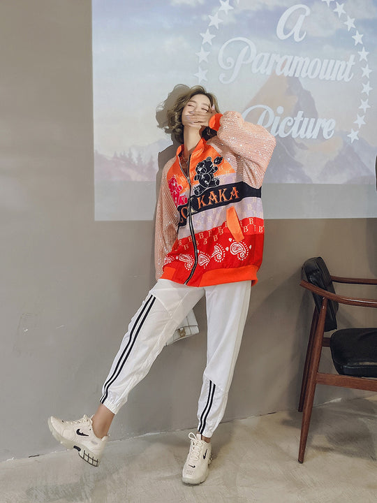 Sequins Printed Baseball Uniform Women Spring New Loose Jacket
