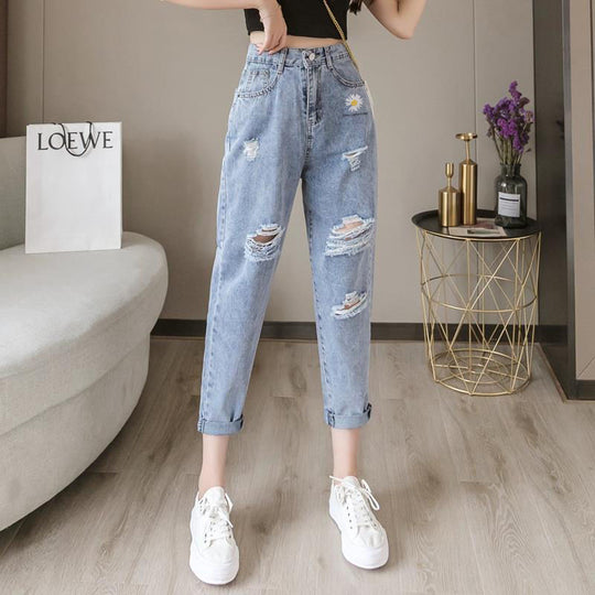 Embroidered Daisy Ripped Jeans Women Loose Cropped Trousers