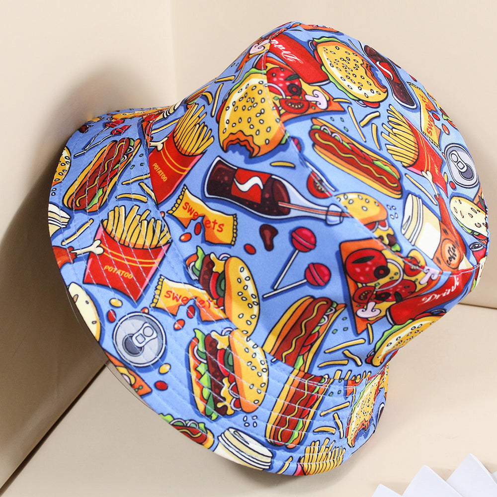Coke Burger Fries Printing Double-sided Fisherman Hat Female Tide Brand Sun Hat Sunscreen Basin Hat Men And Women Hat