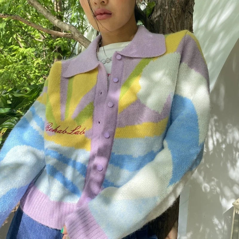 Color Oil Painting Letters Embroidery Knitted Jacket Women