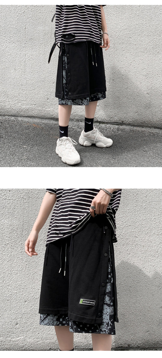 Hong Kong Style Breasted Shorts Men''s Hip Hop Cashew Flower Stitching Loose Fashion
