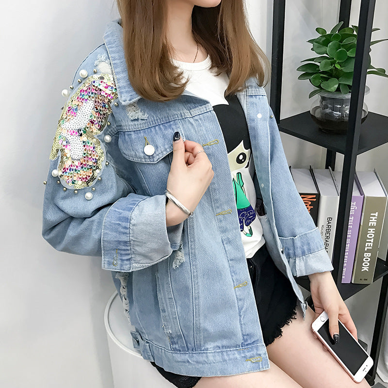 All-match Korean Style Loose Embroidered Denim Jacket Women