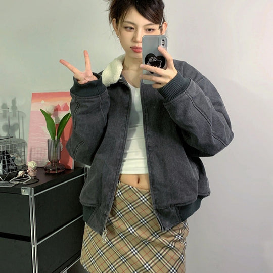 Retro Washed Gray Plush Jacket Mesh Coat For Women