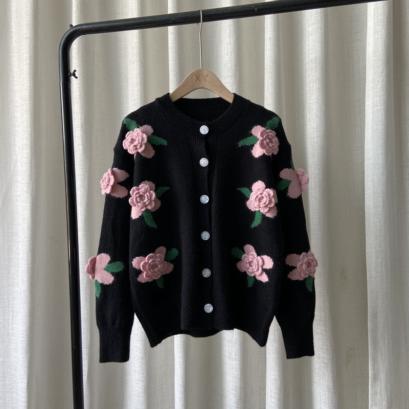 Women's Rose Flower Embroidery Hong Kong Style Sweater Women Jacket