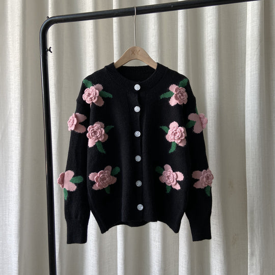 Women's Rose Flower Embroidery Hong Kong Style Sweater Women Jacket