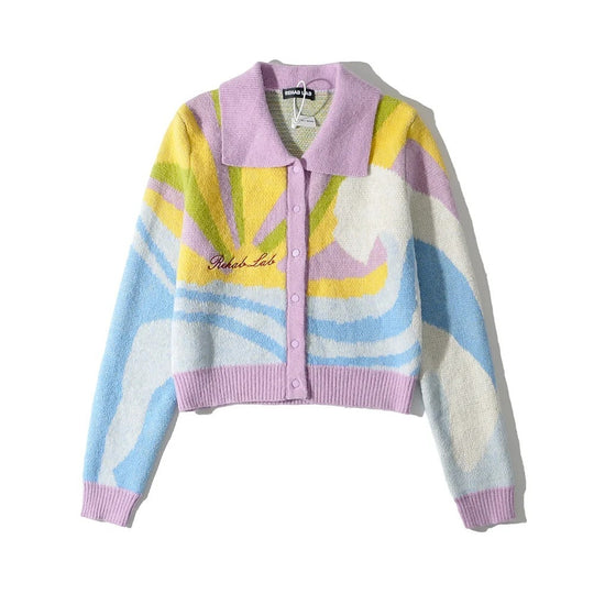 Color Oil Painting Letters Embroidery Knitted Jacket Women