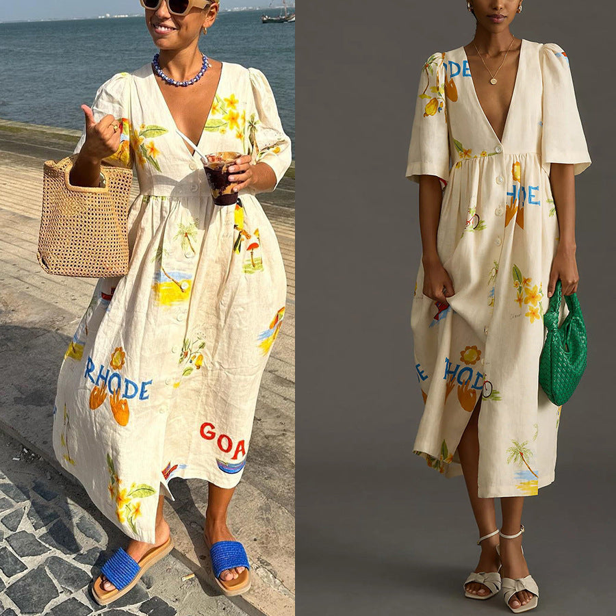 European And American Spring And Summer New Casual Five-point Puff Sleeve Dress INS Loose Vacation Dress For Women