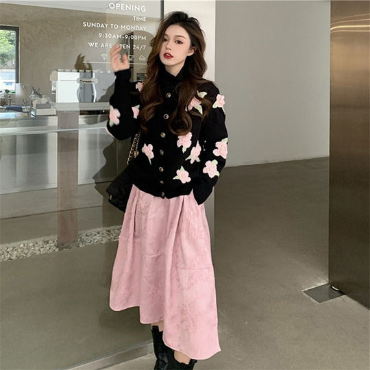 Women's Rose Flower Embroidery Hong Kong Style Sweater Women Jacket