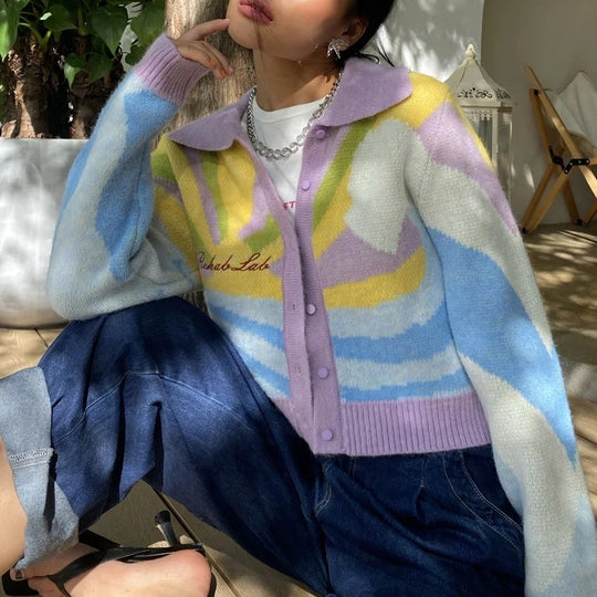 Color Oil Painting Letters Embroidery Knitted Jacket Women