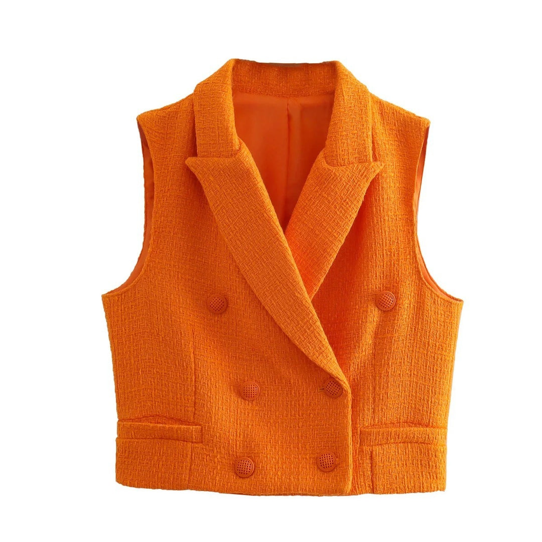 Women Cropped Textured Outer Tank Jacket And Skirt Set Za Fashionable Suit Collar Sleeveless Jacket