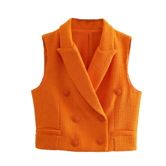 Women Cropped Textured Outer Tank Jacket And Skirt Set Za Fashionable Suit Collar Sleeveless Jacket