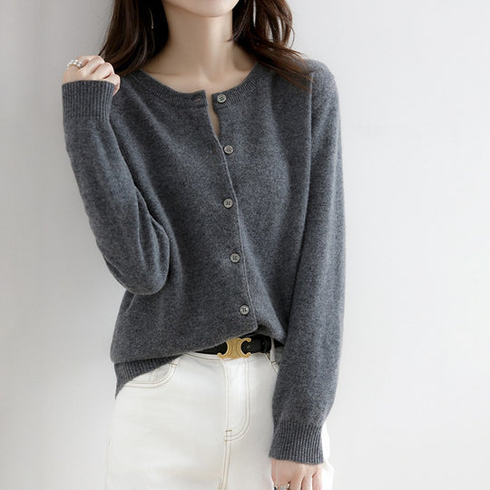 Round Neck Knitted Cardigan Women Loose Solid Color Jacket