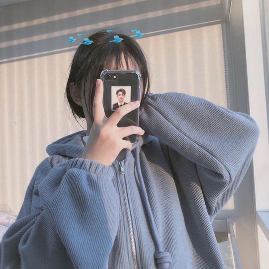 Zipper Hooded Jacket Lovely Young Women With Plush Cardigan