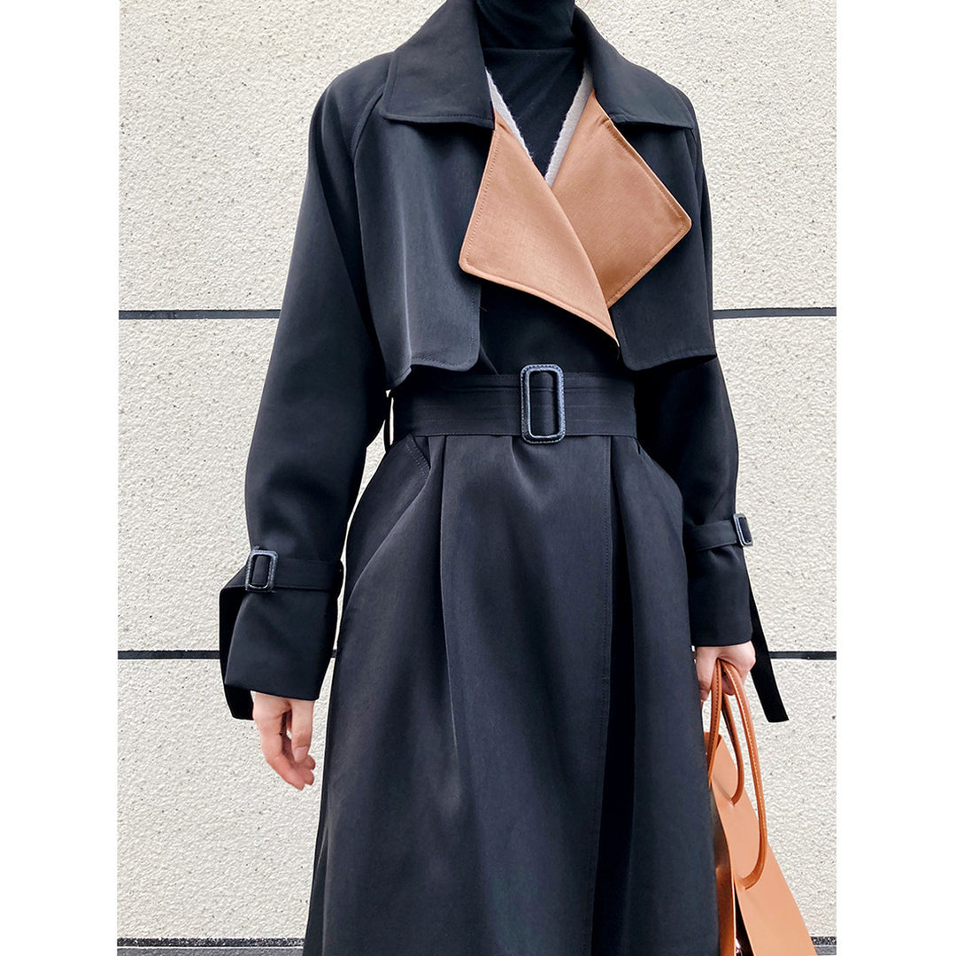 Temperament Stitching Contrast Color Mid-length Windbreaker Jacket Women