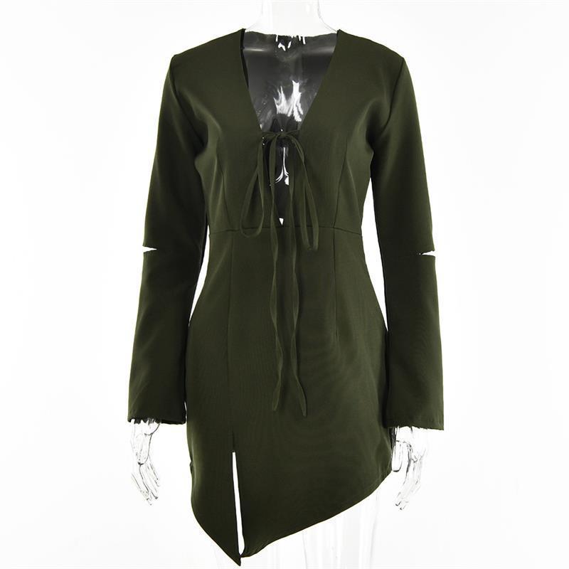 Irregular Design Slit Skirt For Women Summer New Long Sleeve Hollow Out V-neck Tied Dress