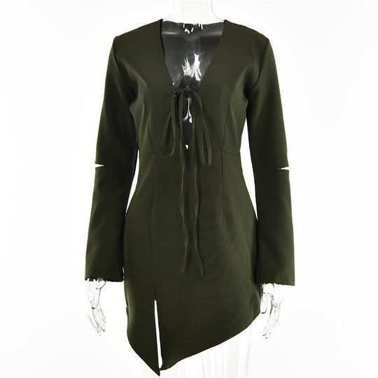 Irregular Design Slit Skirt For Women Summer New Long Sleeve Hollow Out V-neck Tied Dress