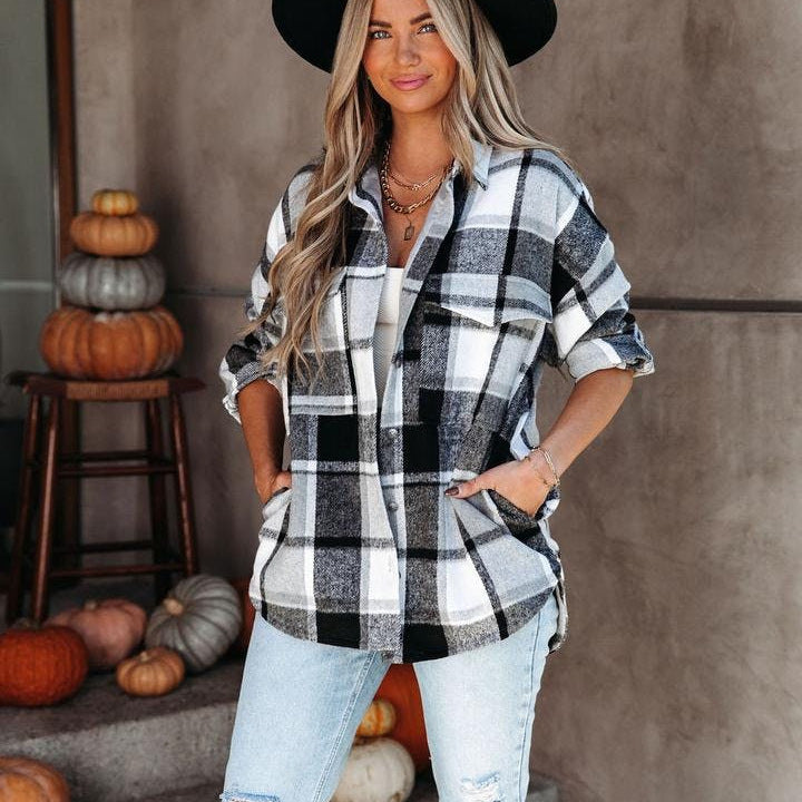 Long Sleeved Thick Cashmere Plaid Shirt Loose Casual Shirt Jacket Women
