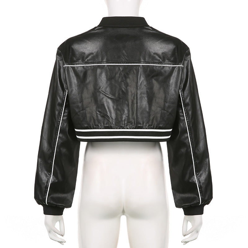 Street Motorcycle Style Letter Print Leather Jacket Women Zipper Cardigan Round Neck Short Jacket