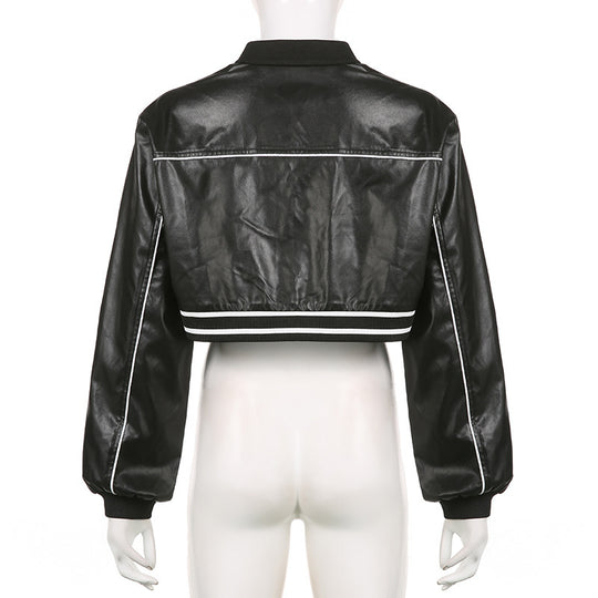 Street Motorcycle Style Letter Print Leather Jacket Women Zipper Cardigan Round Neck Short Jacket