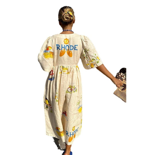European And American Spring And Summer New Casual Five-point Puff Sleeve Dress INS Loose Vacation Dress For Women