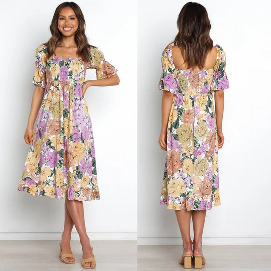 Foreign Trade In Stock Cross-border Spring And Summer New Ruffle Sleeve Big Flower Print Elastic Casual Dress For Women