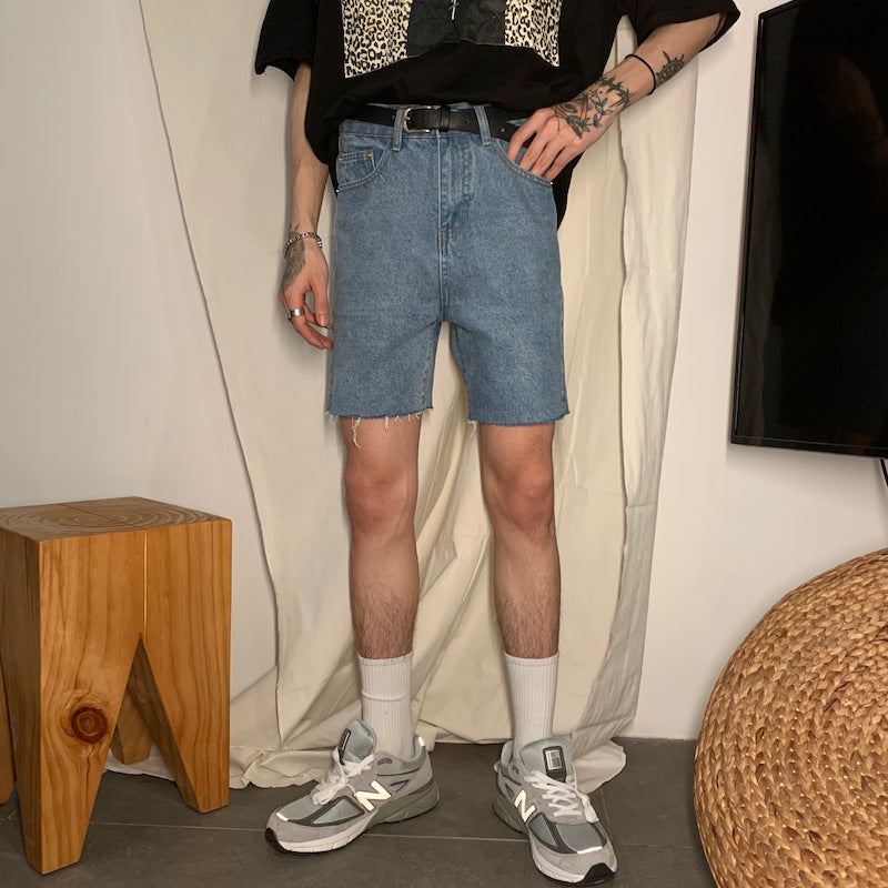Compatible with Apple, CDC Studios Ins Same Cut Raw Edge Denim Shorts Men''s Retro Loose Straight Pants
