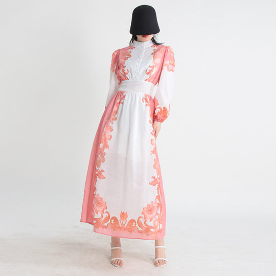 Summer Round Neck Long Sleeve Elastic And Waisted Design Single-breasted A- Line Dress For Women