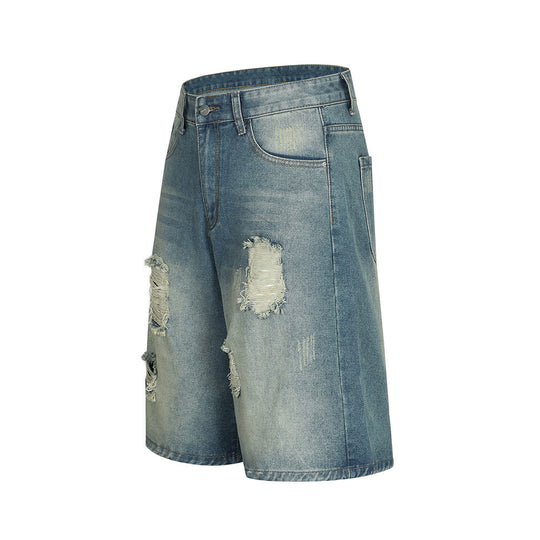 Fashion Washed Hole Denim Shorts Men