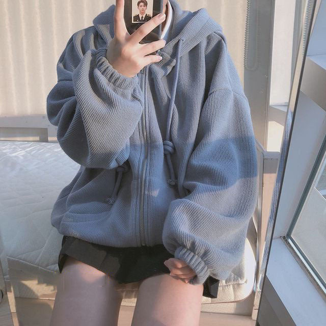 Zipper Hooded Jacket Lovely Young Women With Plush Cardigan