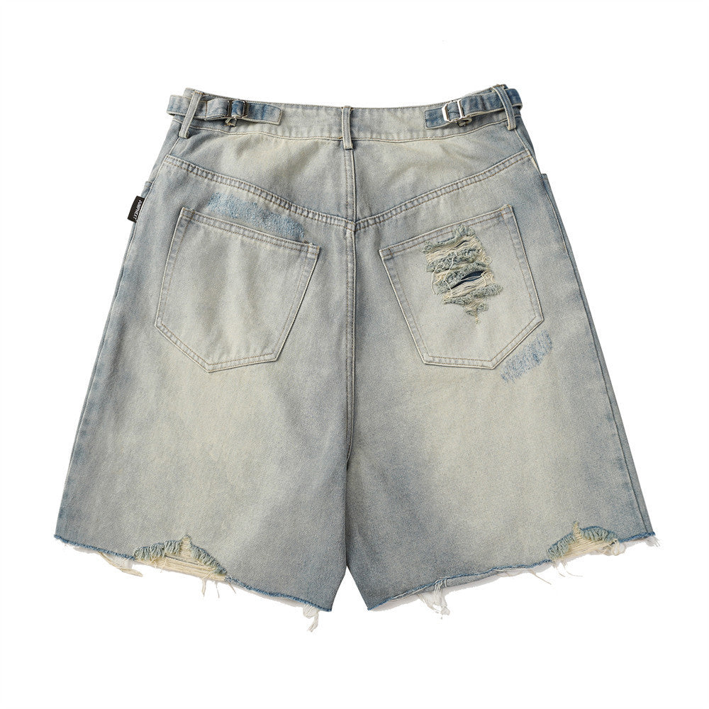 Heavy Industry Hole Washing Denim Shorts Men