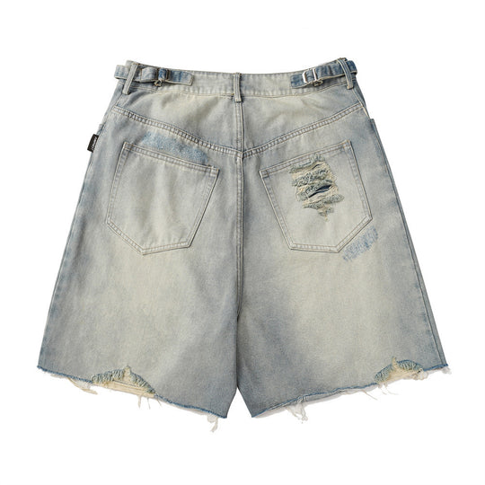 Heavy Industry Hole Washing Denim Shorts Men