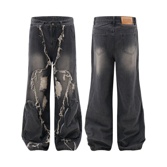 Ripped Wide-legged Denim Trousers For Men