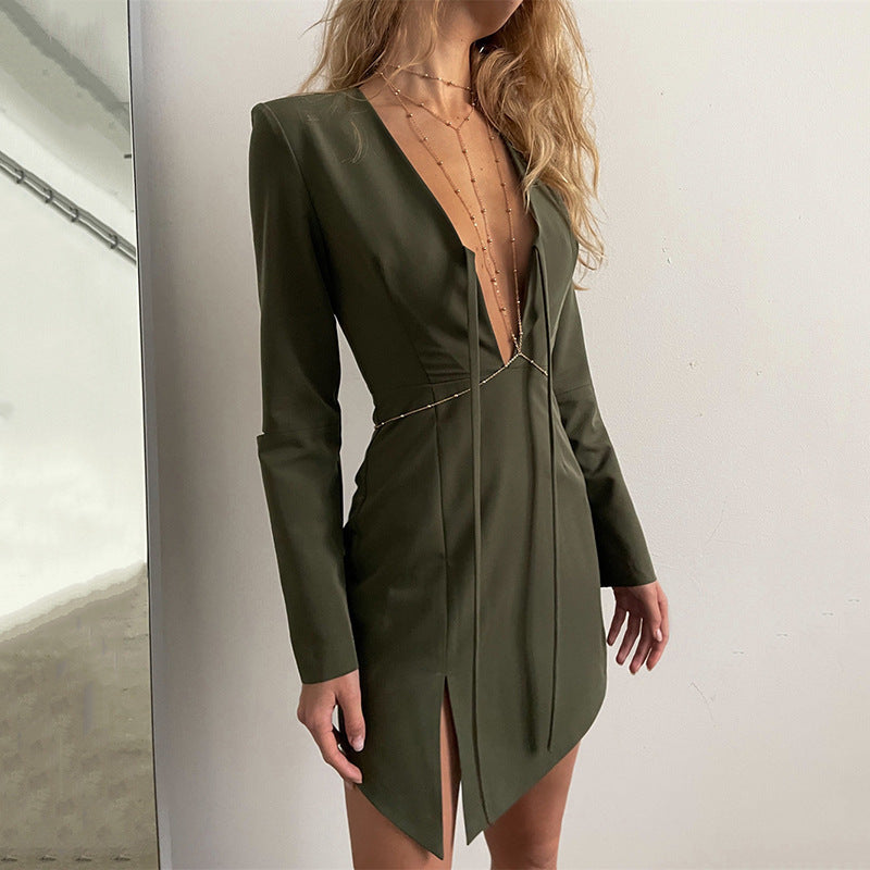 Irregular Design Slit Skirt For Women Summer New Long Sleeve Hollow Out V-neck Tied Dress