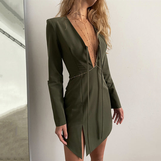 Irregular Design Slit Skirt For Women Summer New Long Sleeve Hollow Out V-neck Tied Dress