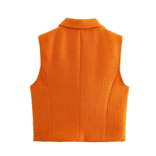 Women Cropped Textured Outer Tank Jacket And Skirt Set Za Fashionable Suit Collar Sleeveless Jacket
