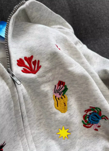 American Retro Multi Element Embroidered Hooded Jacket For Women
