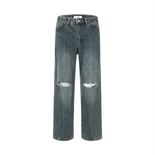 Ripped Knee Jeans Men Straight-leg Trousers