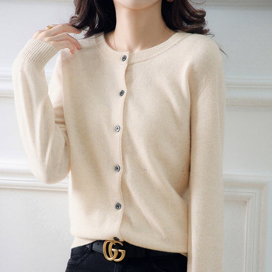 Round Neck Knitted Cardigan Women Loose Solid Color Jacket