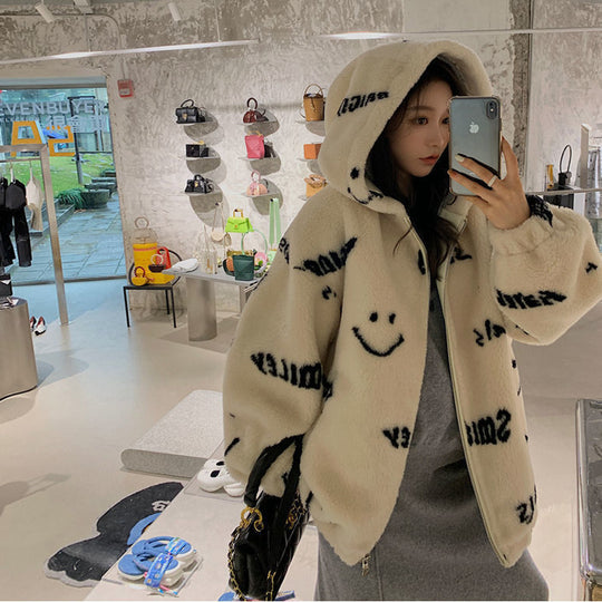 Thickened Sheep Shearing Letters Loose Fashion Plush Jacket Women