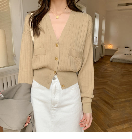 Thin Short Section Gentle Retro V-neck Knitted Jacket Women