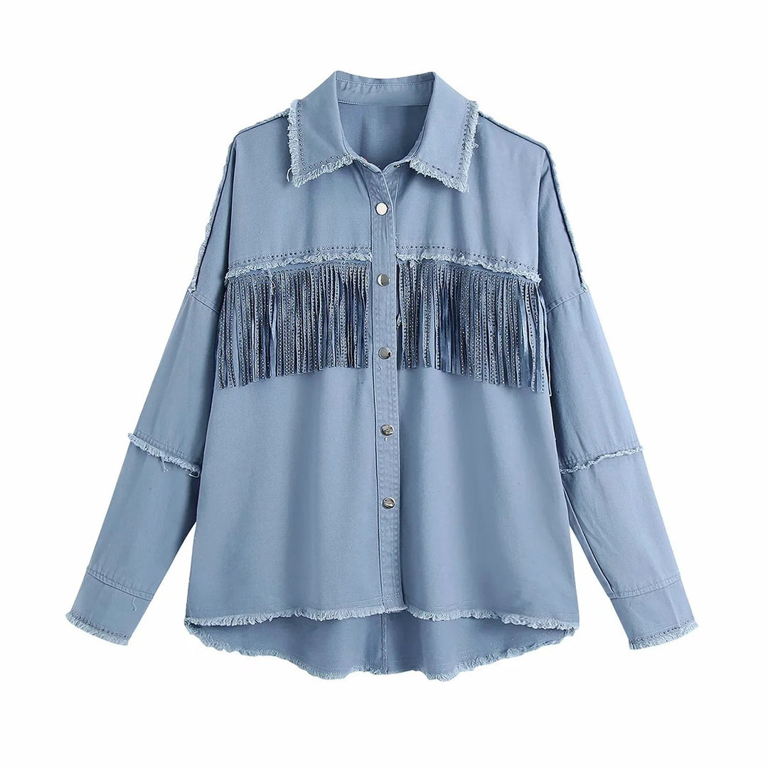 Vintage Stylish Fringe Beaded Loose Denim Jacket Coat Women