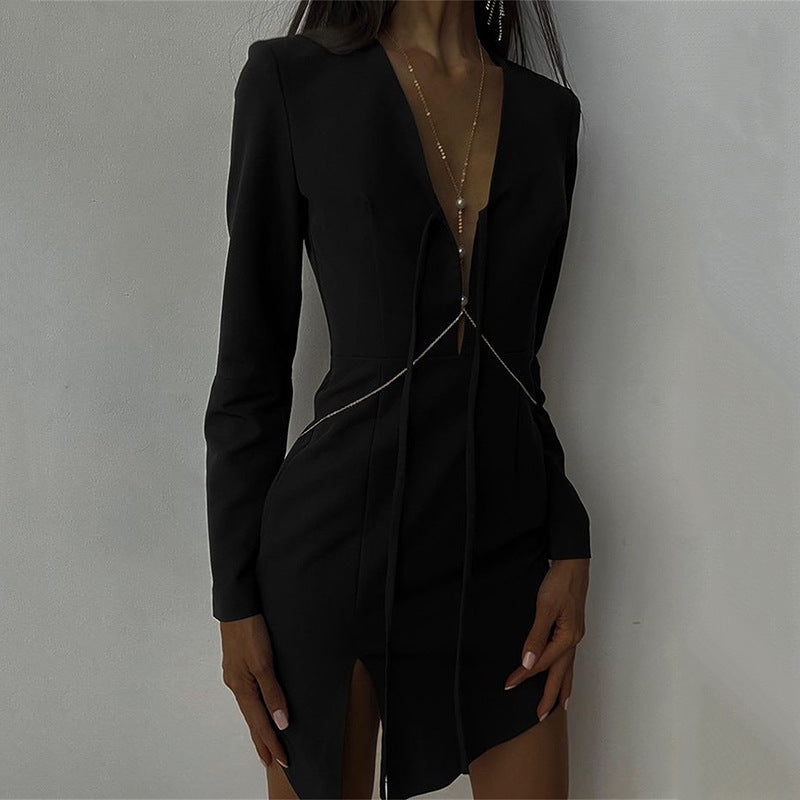 Irregular Design Slit Skirt For Women Summer New Long Sleeve Hollow Out V-neck Tied Dress