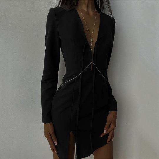 Irregular Design Slit Skirt For Women Summer New Long Sleeve Hollow Out V-neck Tied Dress