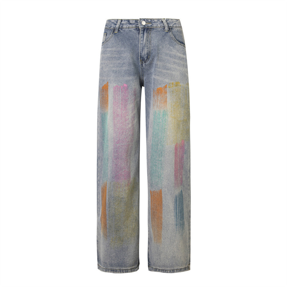 Splash Ink Loose Denim Trousers Men And Women