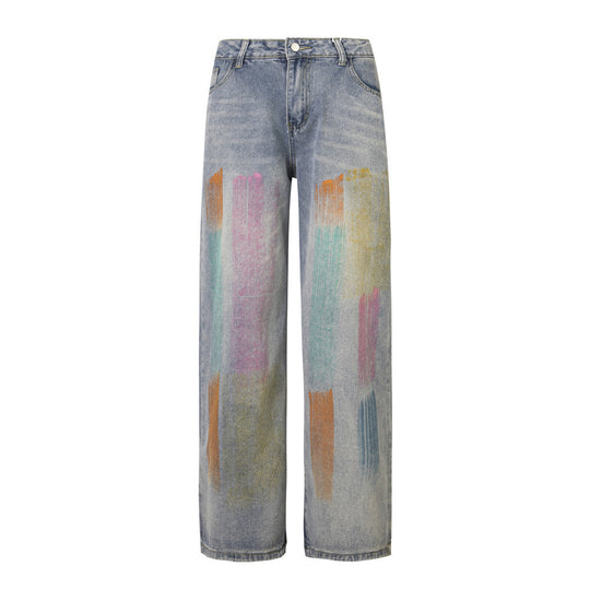 Splash Ink Loose Denim Trousers Men And Women