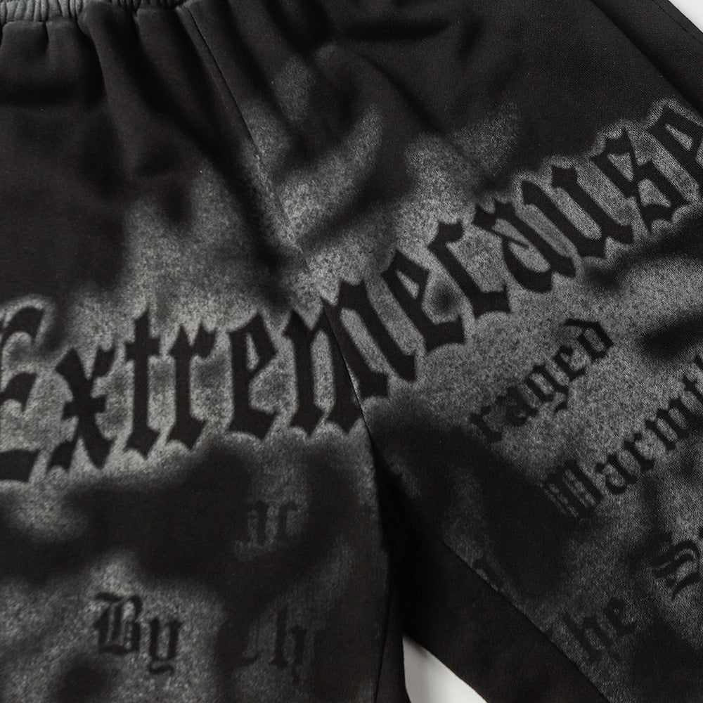 Fuzzy Letter Spray Painting Loose Shorts Men Punk